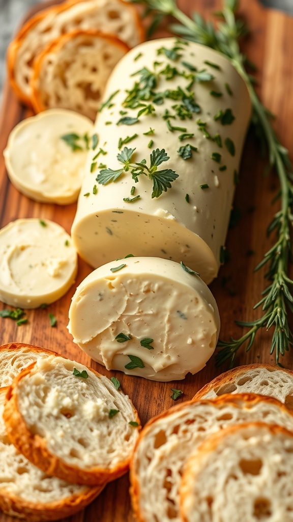 Herb-infused butter log sliced and served with bread on a wooden board.